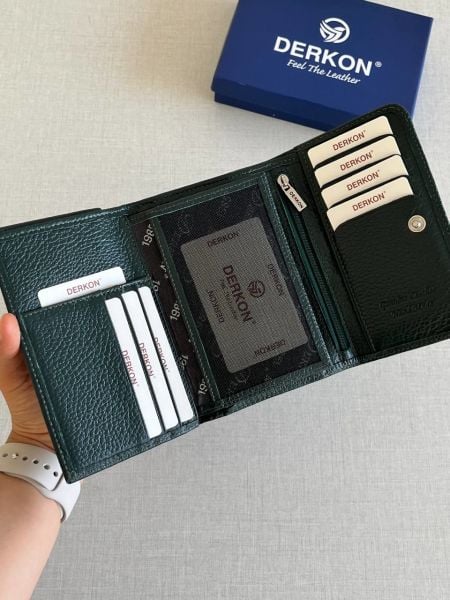 Derkon Violeta Model  Orta Boy Hakiki Deri Yeşil Kadın Cüzdanı
