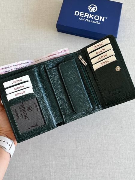 Derkon Violeta Model  Orta Boy Hakiki Deri Yeşil Kadın Cüzdanı