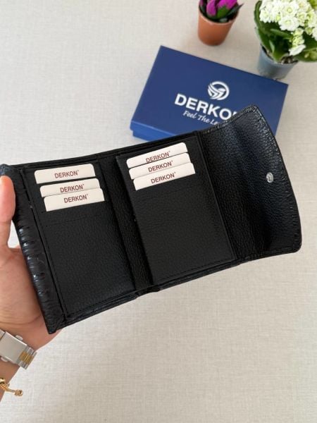 Hakiki Deri Her Çantaya Sığabilecek Ölçüde Kullanışlı Kadın Cüzdanı Melen Timsah Desenli Siyah
