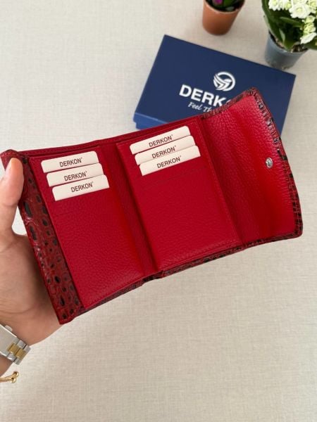 Hakiki Deri Her Çantaya Sığabilecek Ölçüde Kullanışlı Kadın Cüzdanı Melen Timsah Desenli Kırmızı
