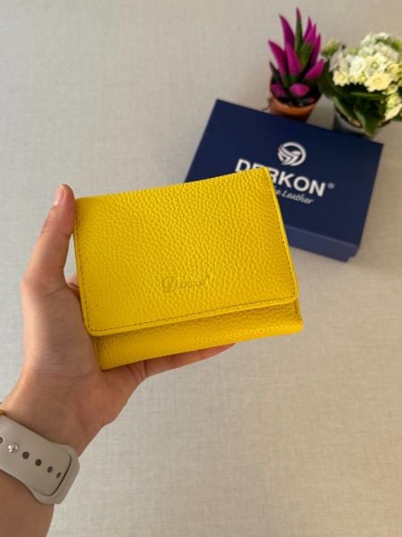 Ufak Bol Kartlıklı Hakiki Deri Cüzdan Misha Model Sarı
