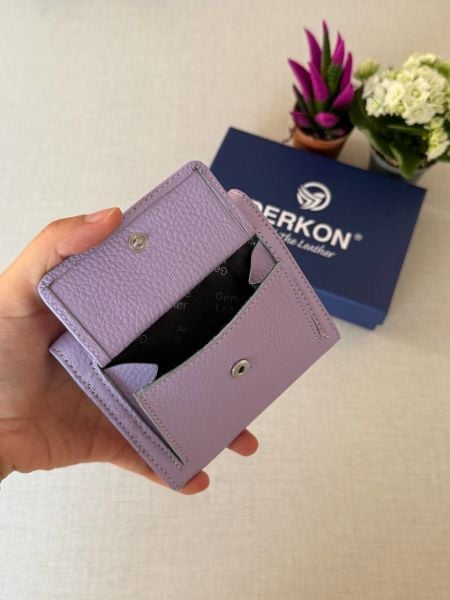 Ufak Bol Kartlıklı Hakiki Deri Cüzdan Misha Model Lila