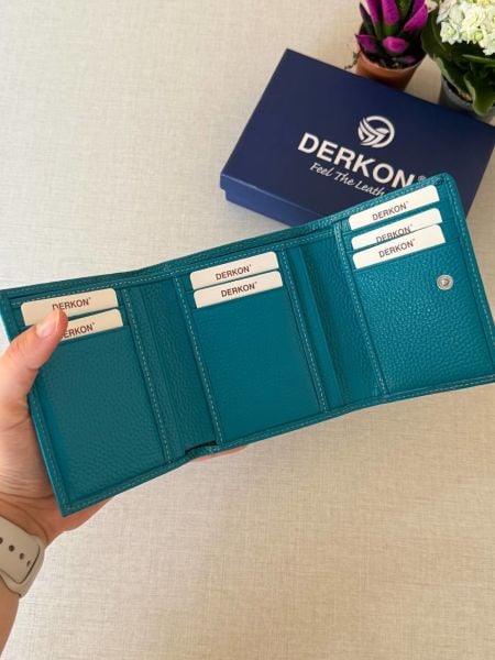 Ufak Bol Kartlıklı Hakiki Deri Cüzdan Misha Model Petrol Yeşili