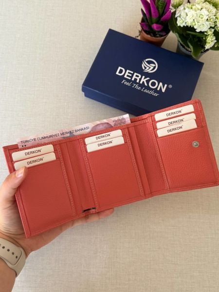 Ufak Bol Kartlıklı Hakiki Deri Cüzdan Misha Model Nar Çiçeği Rengi
