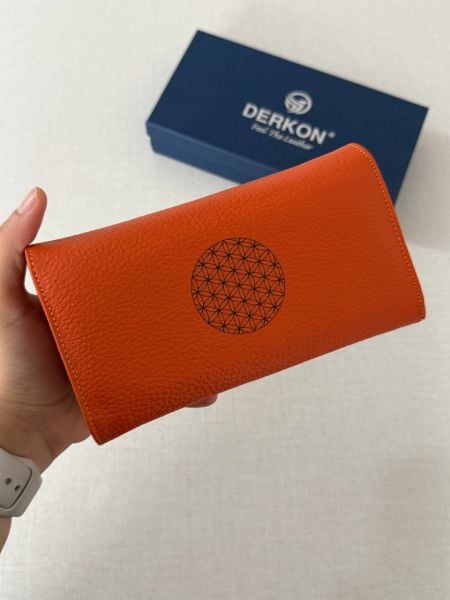 Derkon Yaşam Çiçekli Çift Kapaklı Hakiki Deri Turuncu Kadın Cüzdanı