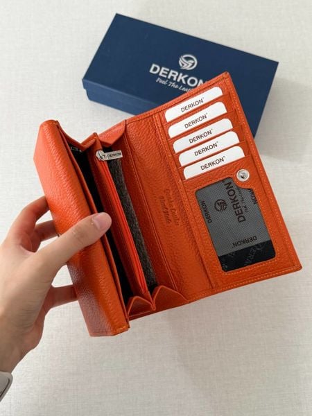 Derkon Yaşam Çiçekli Çift Kapaklı Hakiki Deri Turuncu Kadın Cüzdanı