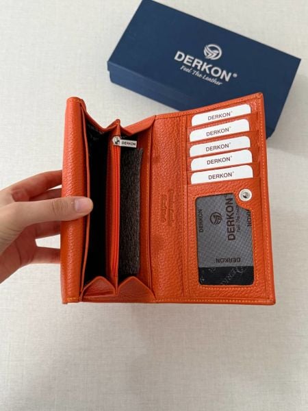 Derkon Yaşam Çiçekli Çift Kapaklı Hakiki Deri Turuncu Kadın Cüzdanı
