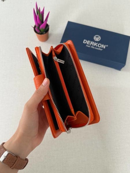 Derkon Yaşam Çiçeği Baskılı Hakiki Deri Turuncu Kadın Cüzdanı