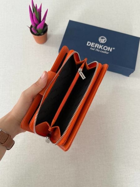 Derkon Yaşam Çiçeği Baskılı Hakiki Deri Turuncu Kadın Cüzdanı