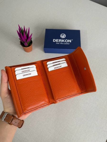 Derkon Yaşam Çiçeği Baskılı Hakiki Deri Turuncu Kadın Cüzdanı