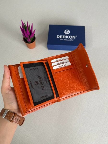 Derkon Yaşam Çiçeği Baskılı Hakiki Deri Turuncu Kadın Cüzdanı