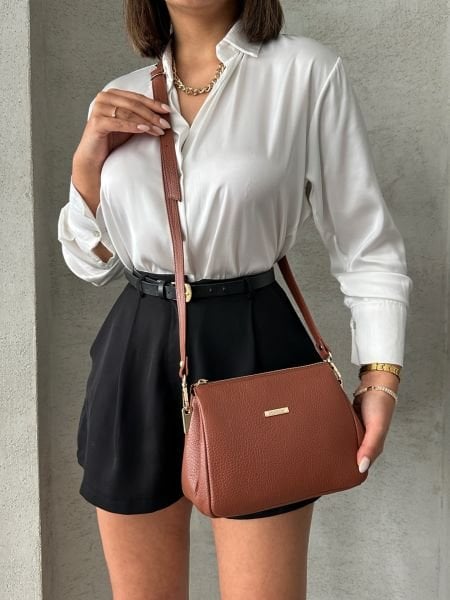 Derkon Hakiki Deri Kadın Çapraz Çantası Amara Model Taba Rengi
